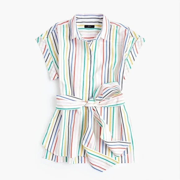 J CREW Button-Front Tie-Waist Top in Rainbow Mini Stripe Poplin - L6710 - Sz XS - Picture 2 of 11